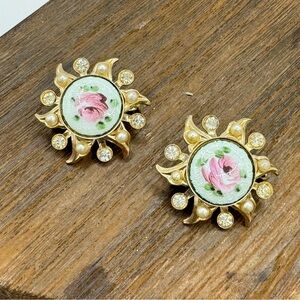 Vintage hand painted guilloche enamel rose flower dainty scatter pins
